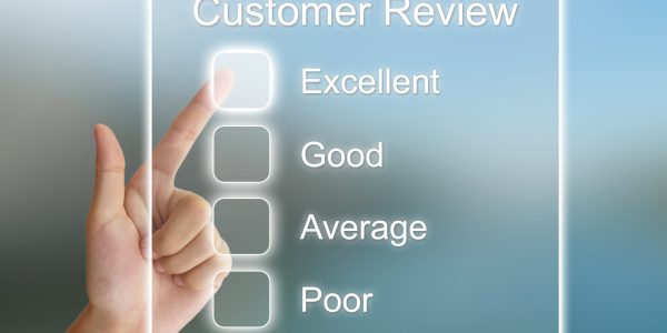 hand pushing customer review on virtual screen